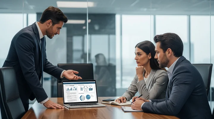 Account Executive presentando una propuesta comercial a dos decisores de una empresa en una sala de reuniones