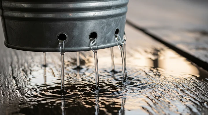 Primer plano de la parte baja de un cubo metálico del que escapan tres hilos de agua y gotas sueltas sobre madera oscura mojada, representando el ingreso recurrente que se pierde por bajas y rebajas de plan