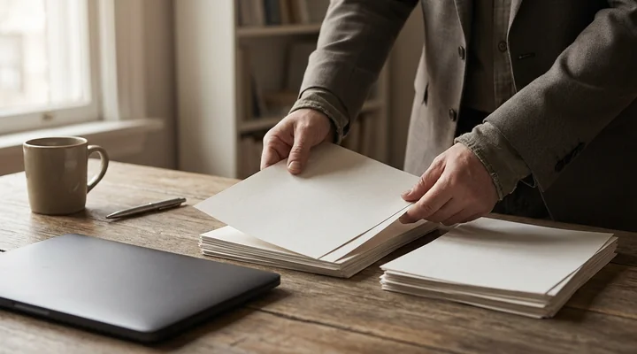 Manos de una persona separando un montón de documentos impresos en dos pilas sobre una mesa de madera con un portátil cerrado al lado