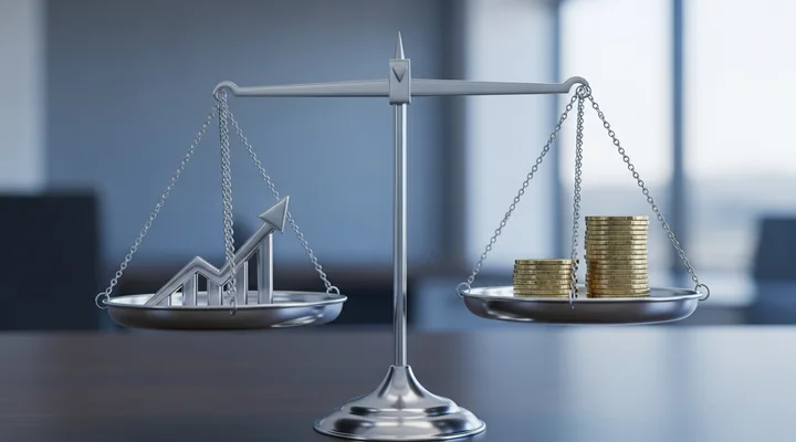 Dos platillos de una balanza a la misma altura, uno con una flecha ascendente de crecimiento y otro con una pila de monedas, sobre fondo neutro de oficina, ilustrando cómo la regla del 40 considera igual de válido crecer rápido que ganar dinero mientras la suma llegue al listón
