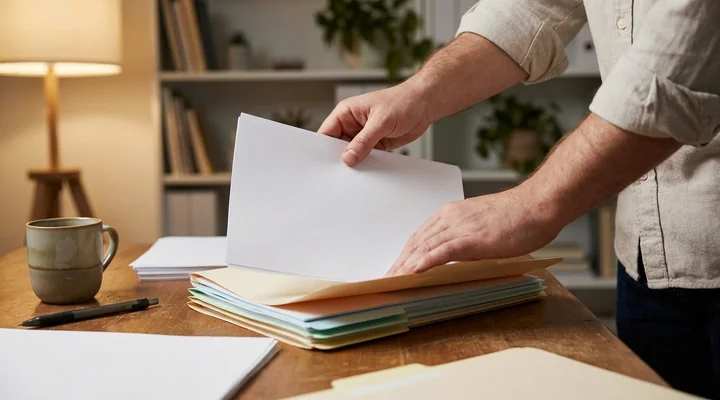 Persona ordenando los documentos de una propuesta en carpetas separadas por pestañas de colores sobre un escritorio de madera