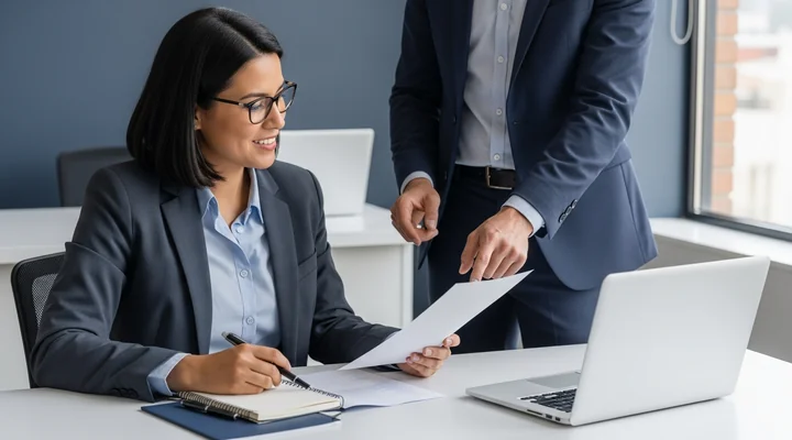 Un representante de ventas B2B revisa en su portátil una biblioteca de contenido y un playbook de ventas mientras un compañero señala la pantalla