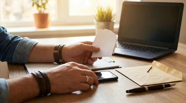 Manos de un comercial con un abanico de tarjetas de visita en blanco, un móvil sobre la mesa y un sobre abierto junto al portátil