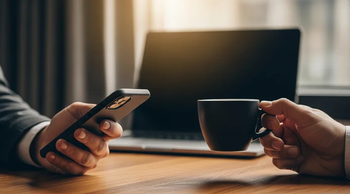 Comercial B2B revisando el móvil para hacer seguimiento a un prospecto, con un portátil y un café sobre la mesa