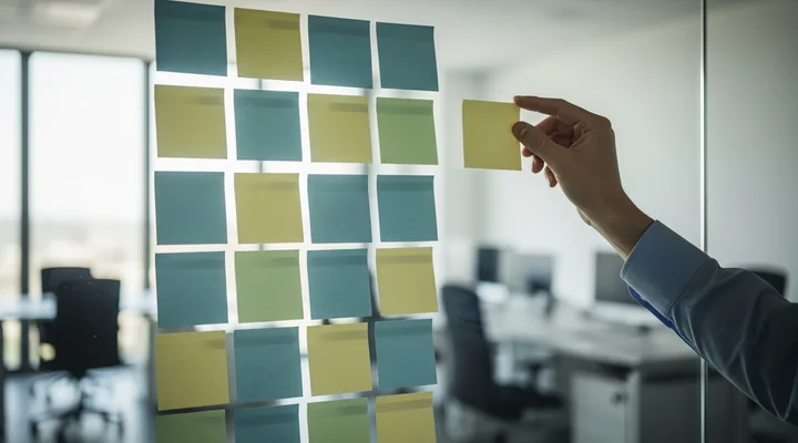 Pared de cristal de una oficina con dos columnas de notas adhesivas de colores sin texto y una mano colocando una nota nueva en la columna de la derecha, representando la clasificación acordada de leads aceptados y devueltos entre marketing y ventas