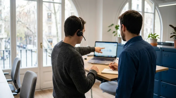 Dos comerciales B2B revisando juntos la cola de llamadas del día en una oficina luminosa de Barcelona