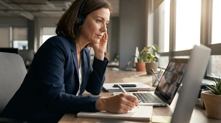 Profesional con auriculares durante una videollamada de trabajo en su escritorio, tomando notas a mano en un cuaderno junto al portátil