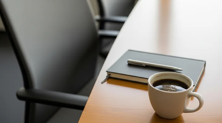 Primer plano de una taza de café servida y sin tocar junto a un cuaderno cerrado y una silla vacía en una mesa de reuniones, representando la reunión comercial que nadie llegó a celebrar