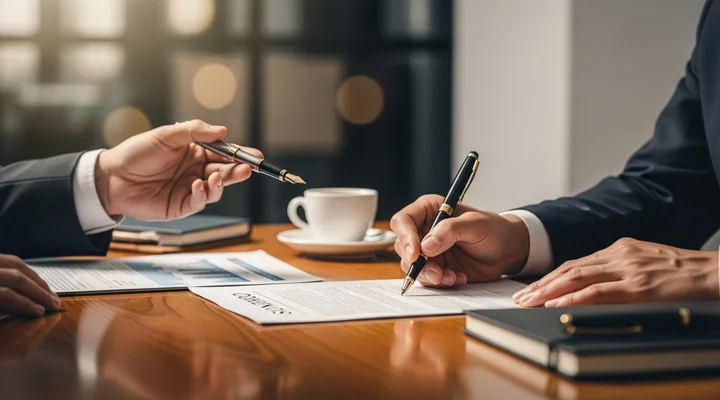 Comercial y cliente B2B cerrando un acuerdo con un apretón de manos sobre un contrato en una mesa de reunión