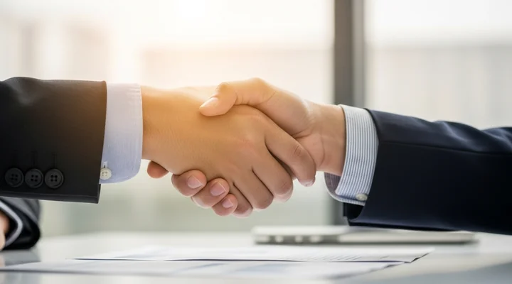 Dos profesionales B2B cerrando un acuerdo con un apretón de manos sobre una mesa en una oficina moderna