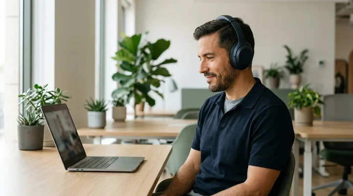 Comercial con auriculares revisando en el portátil un vídeo de prospección recién grabado antes de enviarlo