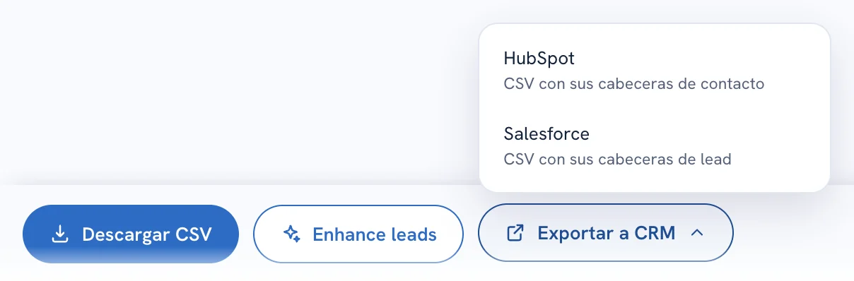 Descargar CSV, Enhance leads y el menú para exportar con el formato de HubSpot o Salesforce.